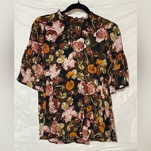 H&M Black Floral Blouse with Pink and Mustard Accents